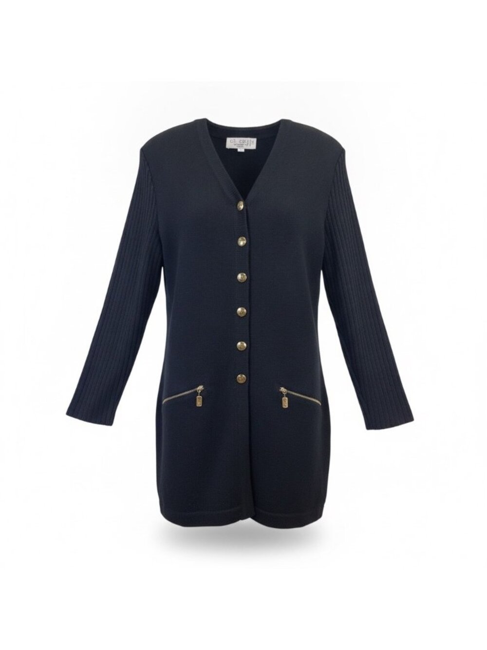 St. John Womens Black Wool Cardigan Sweater Gold Buttons Zipper Pockets Size 10